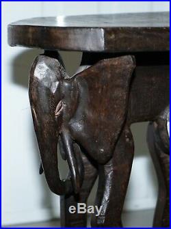 Lovely Pair Of Vintage Hand Carved Solid Wood Safari Tables Depicting Elephants