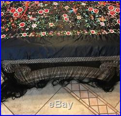 Lovely c1900 Hand Embroidered Victorian Chinese Piano ShawlFloral & Birds 54x54