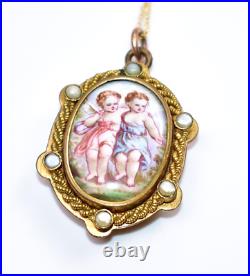 MAGNIFICENT C1880 VICTORIAN Brass HAND PAINTED Pearls 2 CHERUBS Locket Necklace