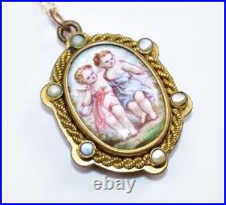 MAGNIFICENT C1880 VICTORIAN Brass HAND PAINTED Pearls 2 CHERUBS Locket Necklace