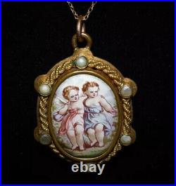 MAGNIFICENT C1880 VICTORIAN Brass HAND PAINTED Pearls 2 CHERUBS Locket Necklace