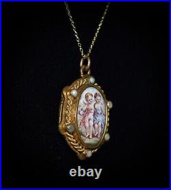 MAGNIFICENT C1880 VICTORIAN Brass HAND PAINTED Pearls 2 CHERUBS Locket Necklace