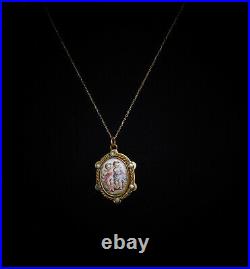 MAGNIFICENT C1880 VICTORIAN Brass HAND PAINTED Pearls 2 CHERUBS Locket Necklace