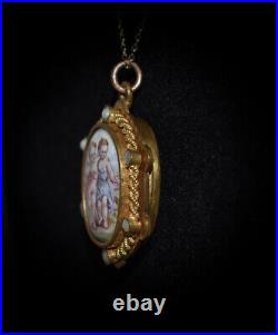 MAGNIFICENT C1880 VICTORIAN Brass HAND PAINTED Pearls 2 CHERUBS Locket Necklace