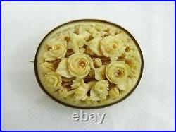 Magnificent Antique Pin Brooch Hand Carved Roses Flowers 14k Gold Victorian 19c