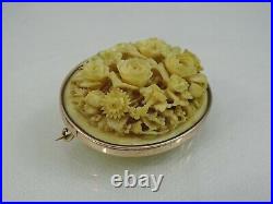 Magnificent Antique Pin Brooch Hand Carved Roses Flowers 14k Gold Victorian 19c