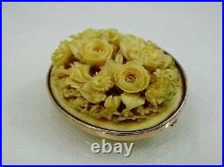 Magnificent Antique Pin Brooch Hand Carved Roses Flowers 14k Gold Victorian 19c