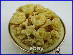 Magnificent Antique Pin Brooch Hand Carved Roses Flowers 14k Gold Victorian 19c