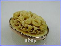 Magnificent Antique Pin Brooch Hand Carved Roses Flowers 14k Gold Victorian 19c