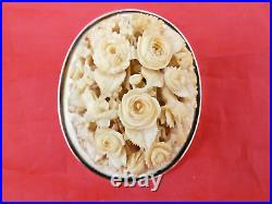 Magnificent Antique Pin Brooch Hand Carved Roses Flowers 14k Gold Victorian 19c