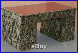 Marbled Hand Painted Marble Painted Twin Pedestal Partner Desk Oxblood Leather