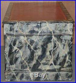 Marbled Hand Painted Marble Painted Twin Pedestal Partner Desk Oxblood Leather