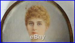 Metal rim vintage Victorian antique hand painted miniature painting of woman