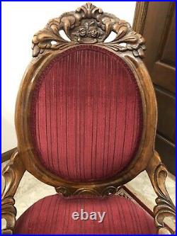 Mid Victorian American Walnut and Velvet Balloon Back Parlor Chair Hand Carved