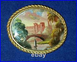Miniature Painting Landscape Brooch Castle 18th Century Scene Antique Victorian