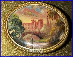 Miniature Painting Landscape Brooch Castle 18th Century Scene Antique Victorian