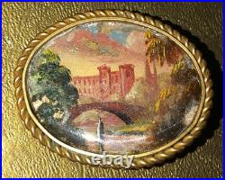 Miniature Painting Landscape Brooch Castle 18th Century Scene Antique Victorian