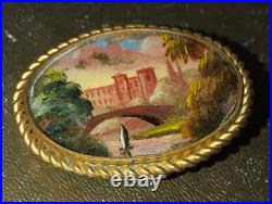 Miniature Painting Landscape Brooch Castle 18th Century Scene Antique Victorian