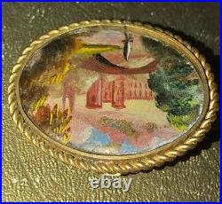 Miniature Painting Landscape Brooch Castle 18th Century Scene Antique Victorian