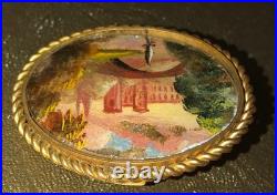 Miniature Painting Landscape Brooch Castle 18th Century Scene Antique Victorian