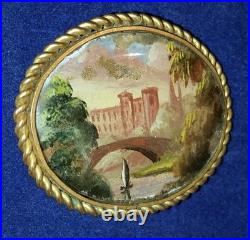 Miniature Painting Landscape Brooch Castle 18th Century Scene Antique Victorian