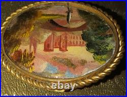 Miniature Painting Landscape Brooch Castle 18th Century Scene Antique Victorian