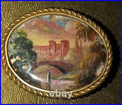 Miniature Painting Landscape Brooch Castle 18th Century Scene Antique Victorian