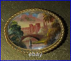 Miniature Painting Landscape Brooch Castle 18th Century Scene Antique Victorian