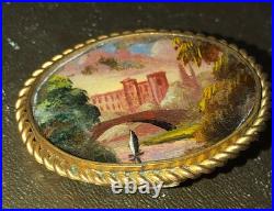 Miniature Painting Landscape Brooch Castle 18th Century Scene Antique Victorian