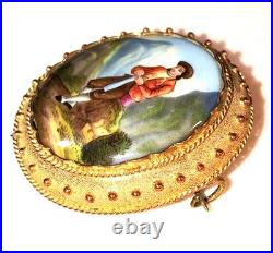 Miniature Portrait Brooch Antique Victorian Swiss Enamel Gold Beidemier Cameo