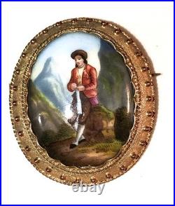 Miniature Portrait Brooch Antique Victorian Swiss Enamel Gold Beidemier Cameo