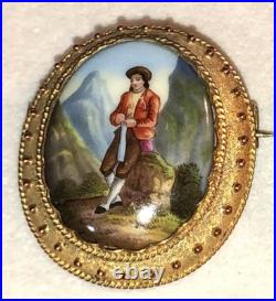 Miniature Portrait Brooch Antique Victorian Swiss Enamel Gold Beidemier Cameo