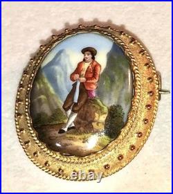 Miniature Portrait Brooch Antique Victorian Swiss Enamel Gold Beidemier Cameo
