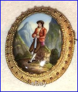 Miniature Portrait Brooch Antique Victorian Swiss Enamel Gold Beidemier Cameo