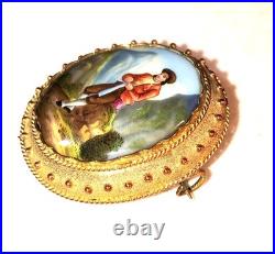 Miniature Portrait Brooch Antique Victorian Swiss Enamel Gold Beidemier Cameo