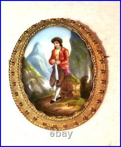 Miniature Portrait Brooch Antique Victorian Swiss Enamel Gold Beidemier Cameo