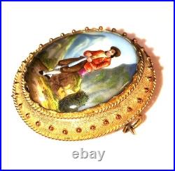Miniature Portrait Brooch Antique Victorian Swiss Enamel Gold Beidemier Cameo