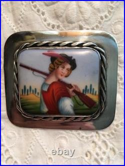 Miniature Portrait Brooch Antique Victorian Swiss Enamel Gold Beidemier Cameo
