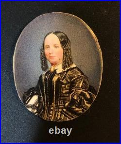 Miniature Portrait Lady Hand Painted Civil War Period Brooch Victorian Brooch