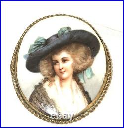 Miniature Portrait Lady Hand Painted Civil War Period Brooch Victorian Brooch