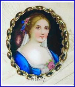 Miniature Portrait Lady Hand Painted Civil War Period Brooch Victorian Brooch
