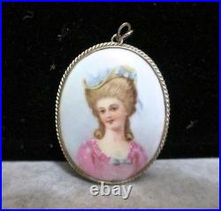 Mint Condition Vintage Victorian Hand Painted Porcelain Sterling Silver Pendant