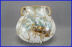 Mt Washington Colonial Ware Hand Painted Fish Lobster & Raised Gold Glass Vase