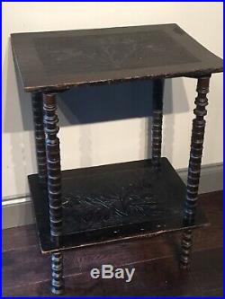 Naive Victorian Ebonized Hand Carved Bobbin Leg Small Side Table