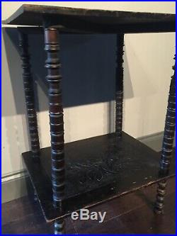 Naive Victorian Ebonized Hand Carved Bobbin Leg Small Side Table