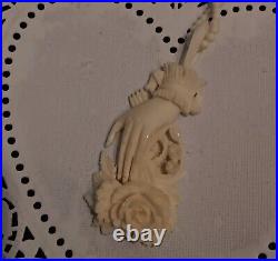 Necklace Victorian Rose in Hand Love Token or Memento Mori Hand Carved Bovine