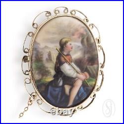 OBJET D'ART Victorian 9K Rose Gold Painted Porcelain Miniature Portrait Brooch