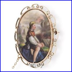 OBJET D'ART Victorian 9K Rose Gold Painted Porcelain Miniature Portrait Brooch
