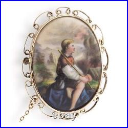 OBJET D'ART Victorian 9K Rose Gold Painted Porcelain Miniature Portrait Brooch