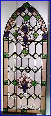 OLD ENGLISH VICTORIAN ARCHED STAINED GLASS WINDOW with Hand Painted Grape Design